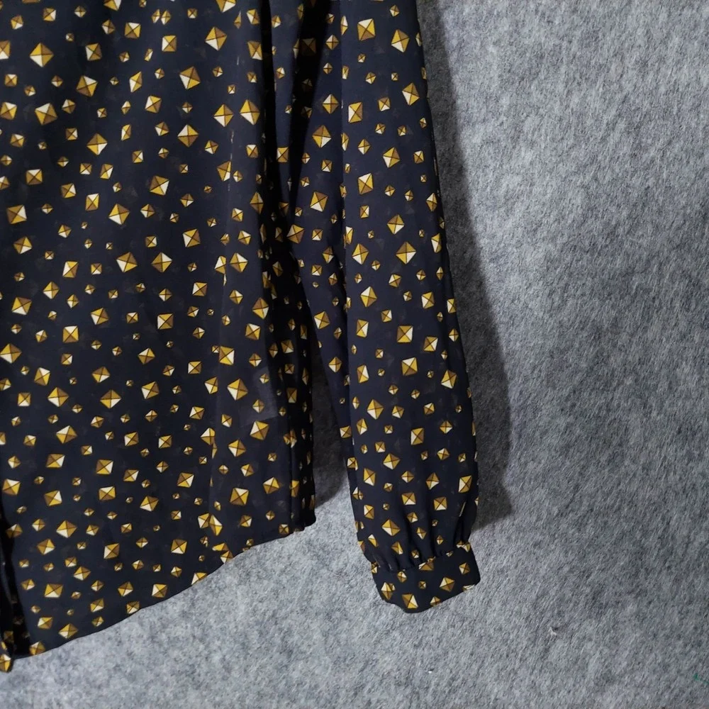 Michael‎ Kors Blouse Women M Black Gold Stud Print Grommet Neck Button Front Top